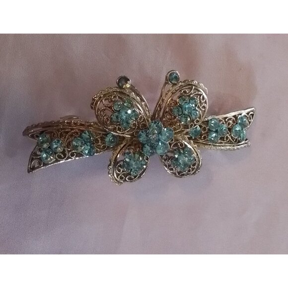 Vintage Silver Tone & Blue Rhinestone Floral Hair Barrette Clip - Picture 1 of 3